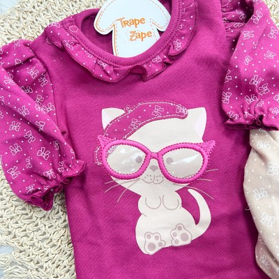 Kit 3 Peças - Bodys Manga Longa Gatinha, Cachorrinha e Pinguim - Bordo, Rosa e Areia